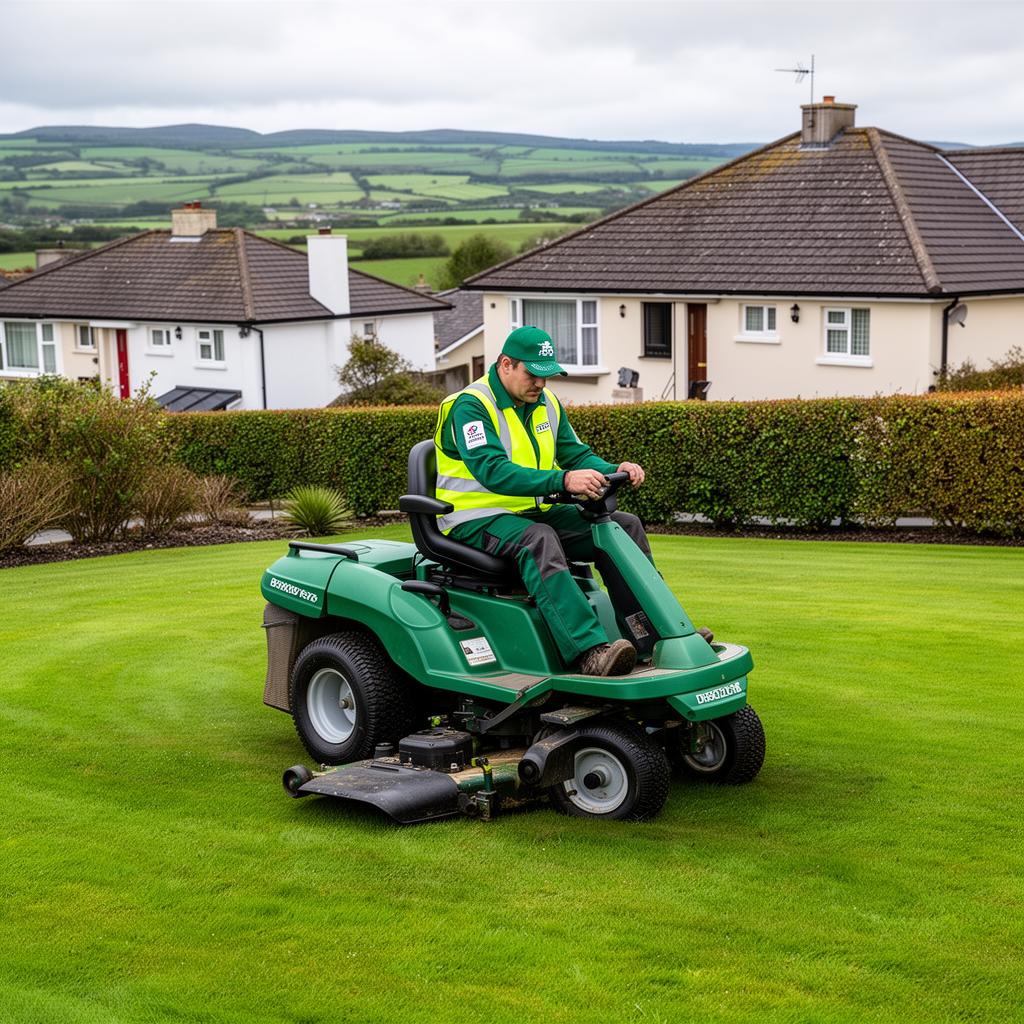 A local tradesman in a navy work polo pushing a red pedestrian lawnmower across a residential front lawn