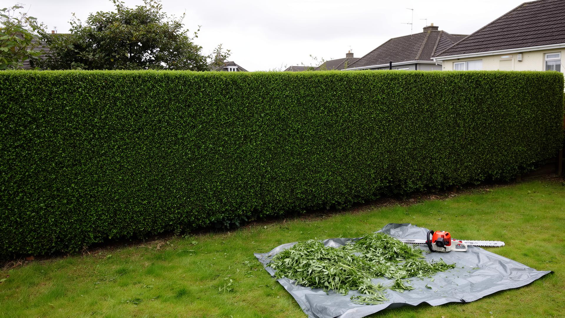 A freshly trimmed tall privet hedge with green clippings collected on a tarp on the lawn beside