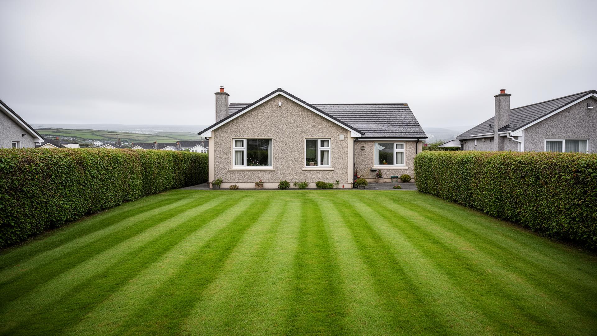 A neatly mown striped residential lawn in front of a modest pebble-dash bungalow in the Donegal countryside, bordered by trimmed privet hedges