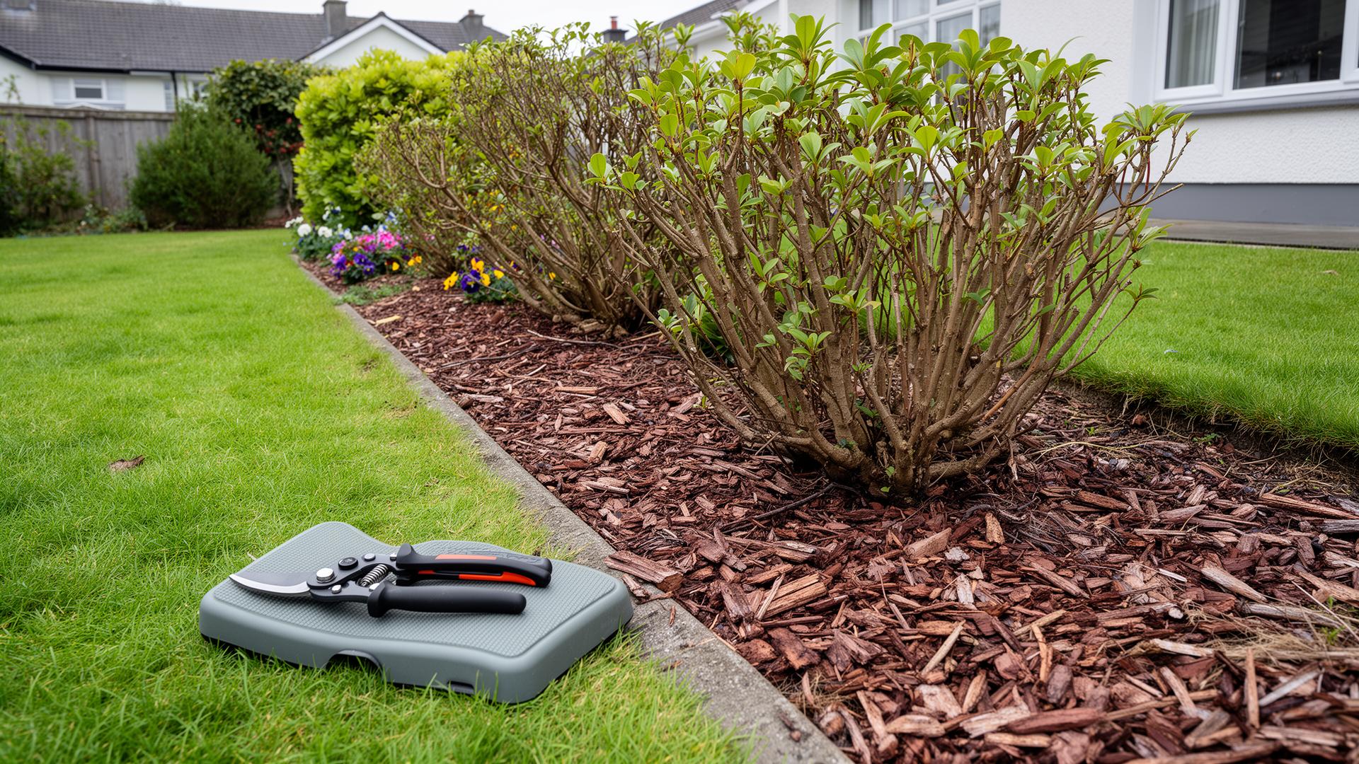 A weeded flower border edged with bark mulch alongside a neat residential lawn, with hand secateurs on a kneeling pad
